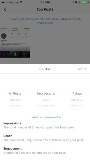 filtro de insights de perfil de negócios do Instagram