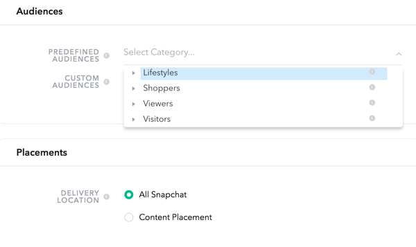 O Snapchat permite que você escolha o público de quatro categorias predefinidas.