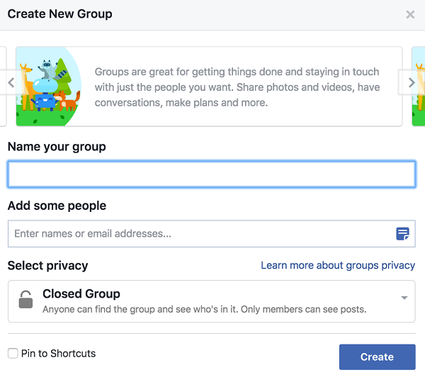 Dê um nome ao seu grupo, adicione pessoas e decida a configuração de privacidade.