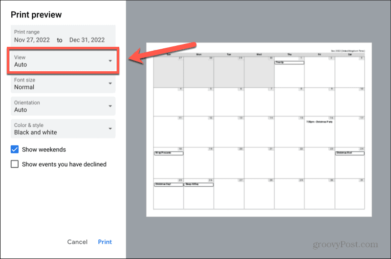 configuração de visualização do calendário do google