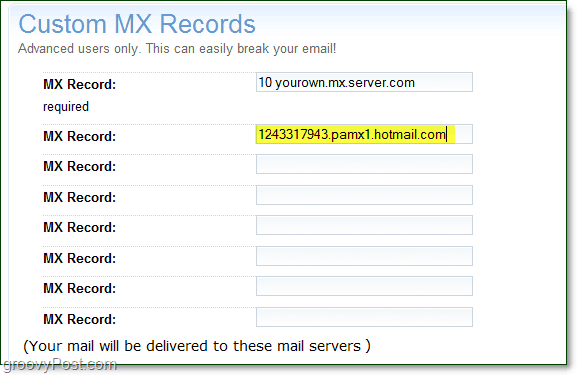 passe as informações do servidor mx do live services para a página de opções avançadas do seu domínio para registros mx personalizados