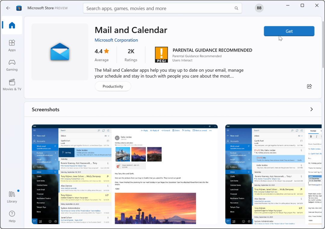 reinstale o aplicativo de email Microsoft Store