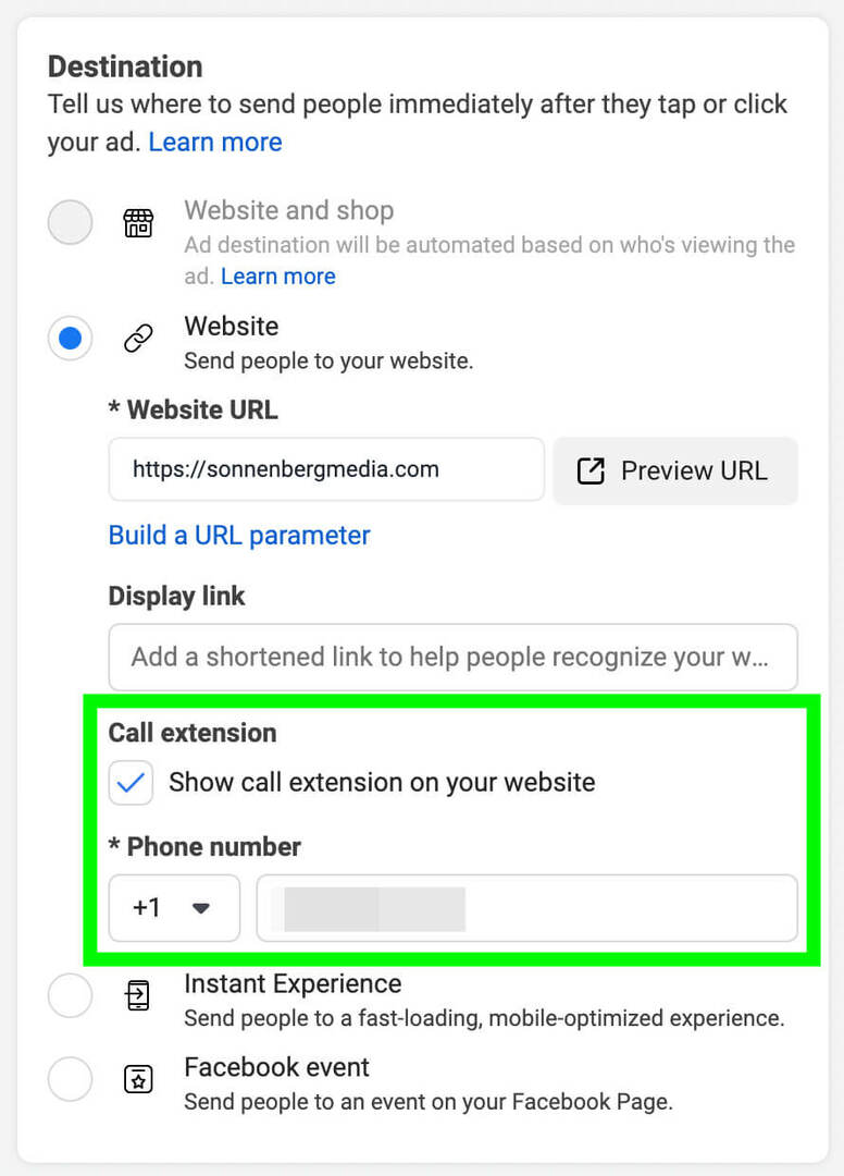 how-to-use-the-meta-call-ads-pre-call-business-feature-ad-level-enter-landing-page-url-check-call-extension-box-enter-business-phone-number- exemplo-11
