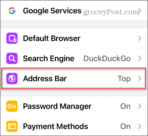 Barra de endereço de configurações do Chrome