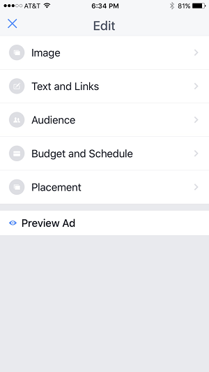editar opções para campanha publicitária no aplicativo gerenciador de páginas do Facebook