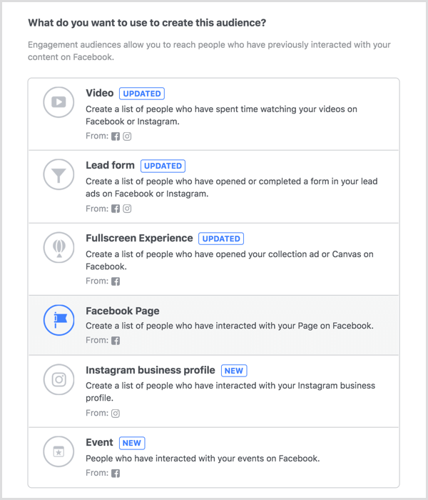 Selecione a opção da página do Facebook para criar um público personalizado de engajamento