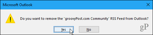 Excluir caixa de diálogo de confirmação da subpasta de feed RSS no Outlook
