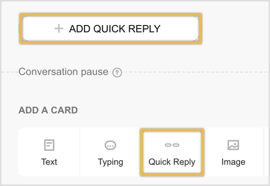 Clique para adicionar um cartão de Resposta Rápida e clique em Adicionar Resposta Rápida.