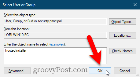 Feche a caixa de diálogo Selecionar usuário ou grupo no Editor do Registro do Windows