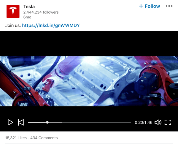 Exemplo de postagem de vídeo da página da empresa no LinkedIn da Tesla.