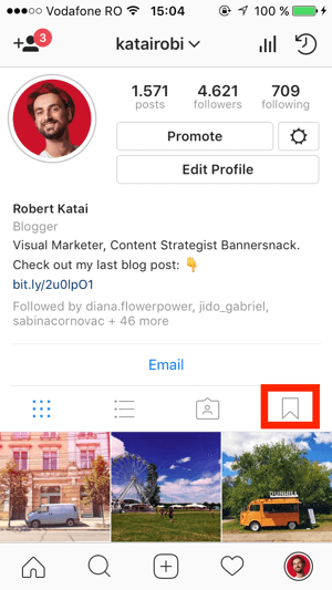 Para criar uma coleção, vá até seu perfil do Instagram e toque no ícone de marcador.