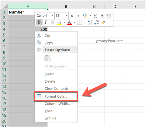 Opção de células de formato Excel
