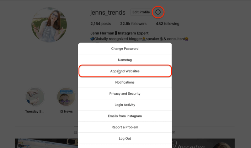 ícone de engrenagem do perfil do Instagram editar opções do menu de configurações destacando a opção de aplicativos e sites