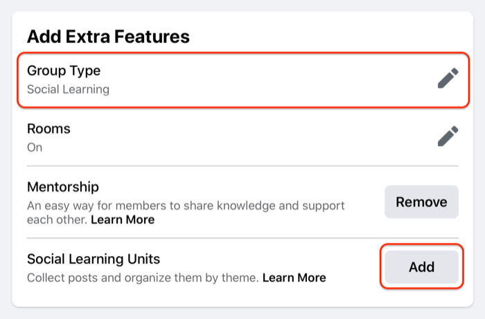 exemplo de configurações de unidade de grupo do Facebook destacando a opção de tipo de grupo