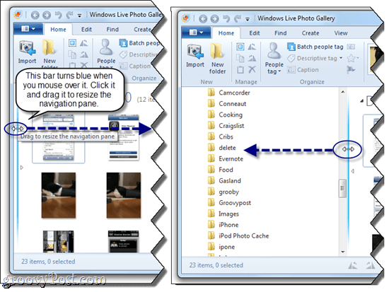 Redimensionar o painel de navegação na Galeria de Fotos do Windows Live