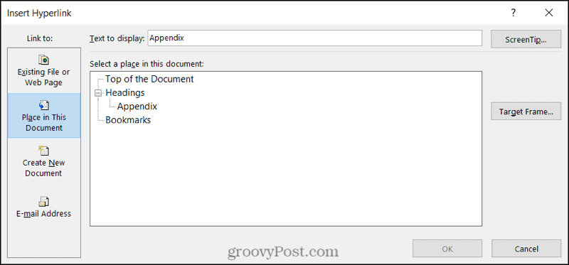 Link para um local de documento no Word no Windows
