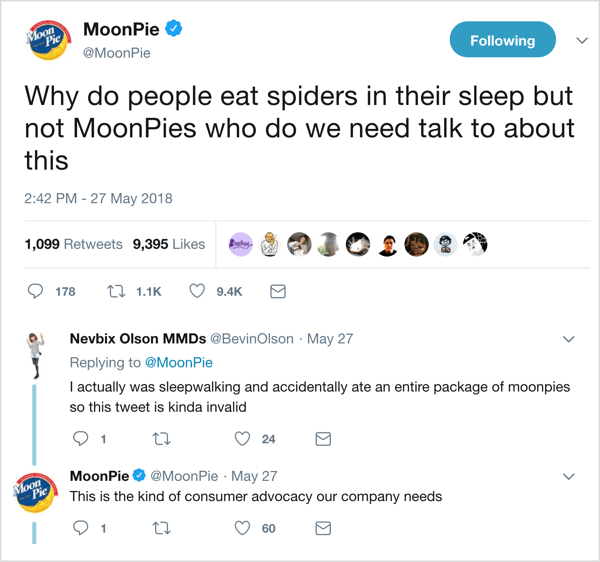  MoonPie desenvolveu uma voz peculiar no Twitter e entra em conversas espirituosas com seguidores.