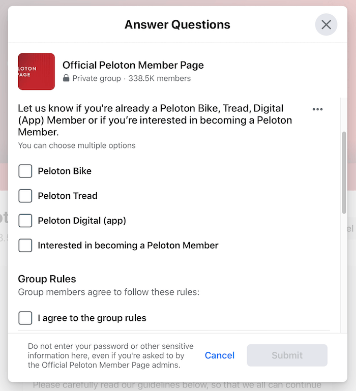 exemplo de perguntas de triagem do grupo do Facebook para o grupo de páginas de membros oficiais do peloton