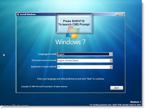 Instalação no Windows 7 - Inicie o prompt do CMD usando Shift + F10