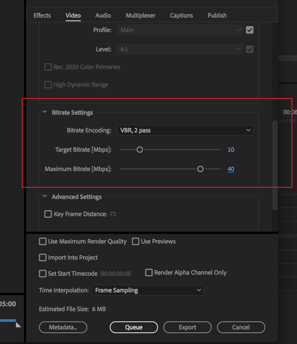Configuração para alterar a taxa de bits em sua exportação de vídeo Adobe Premier Pro.