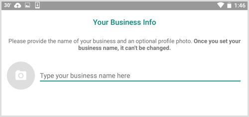Digite o nome da sua empresa na tela Informações da sua empresa no WhatsApp Business
