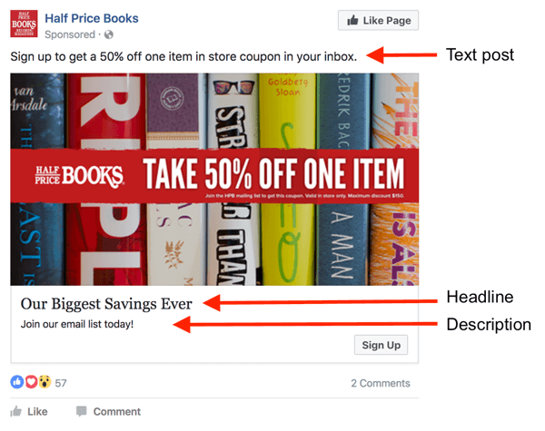 Existem três áreas de texto em um anúncio do Facebook.