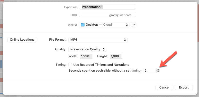 Usando tempos manuais para um vídeo exportado em PowerPoint no Mac