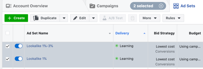 Anúncios do Facebook em fase de aprendizagem