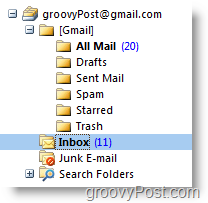 Nova listagem de contas iMAP GMAIL na barra de ferramentas de navegação do Outlook