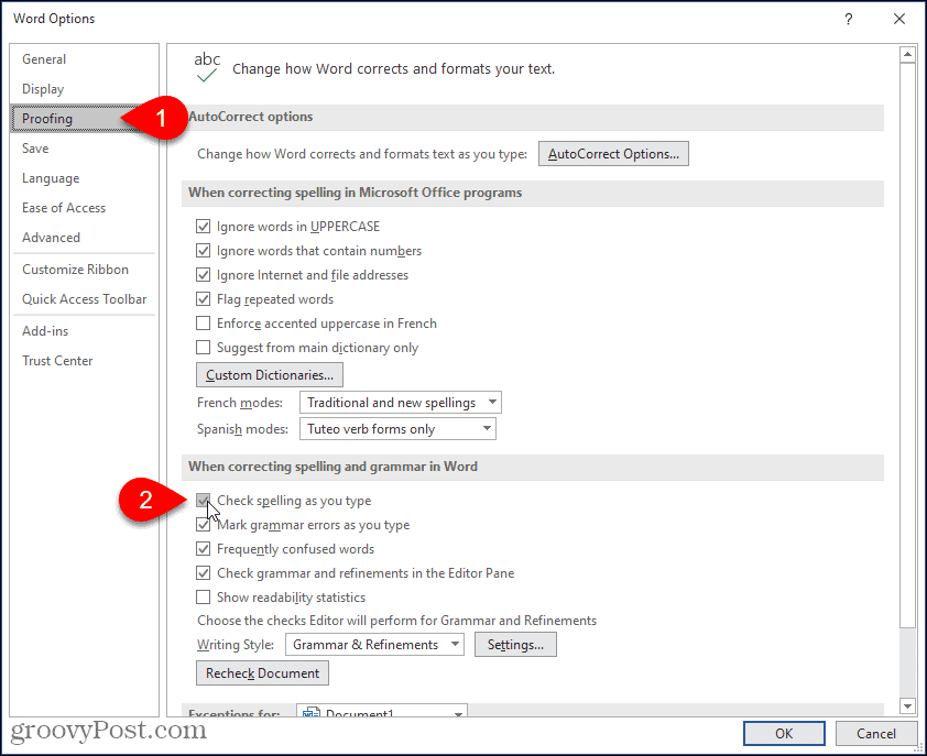 Ativar a opção Verificar ortografia ao digitar no Word