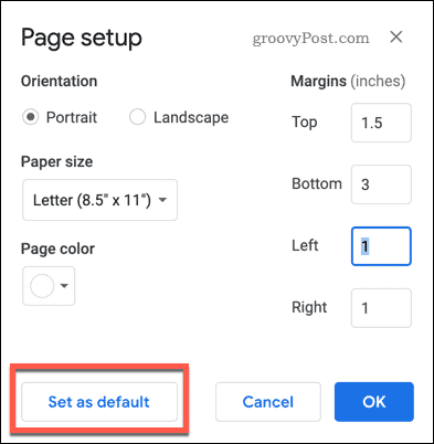 O botão Configurar página como padrão no Google Docs