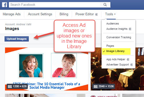 acesso à biblioteca de imagens do gerenciador de anúncios do Facebook