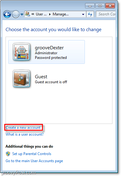 na página de visão geral das contas do Windows 7, use o link para criar uma nova conta