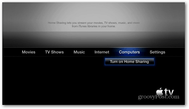 Apple TV Ativar compartilhamento doméstico