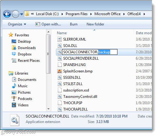 excluir ou renomear o .dll do conector social para o Outlook 2010