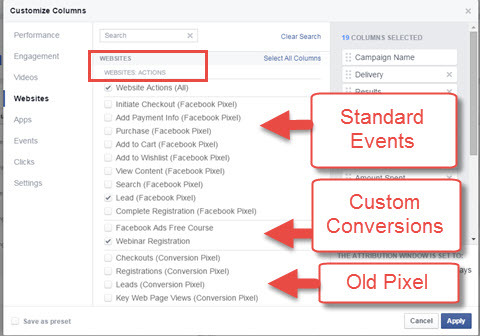 personalizar colunas de relatório de anúncios do Facebook