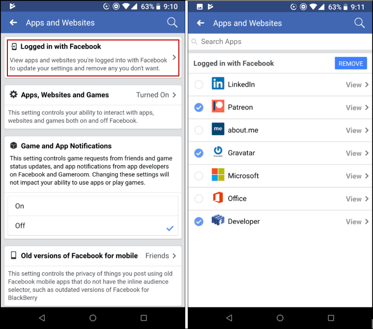 Remover aplicativos Facebook Mobile