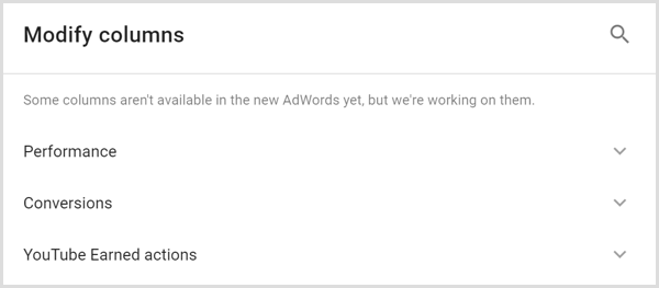 A análise do Google AdWords modifica a tela de colunas