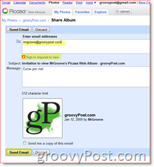 Compartilhe o convite para fazer login no Álbum da web do Picasa necessário:: groovyPost.com