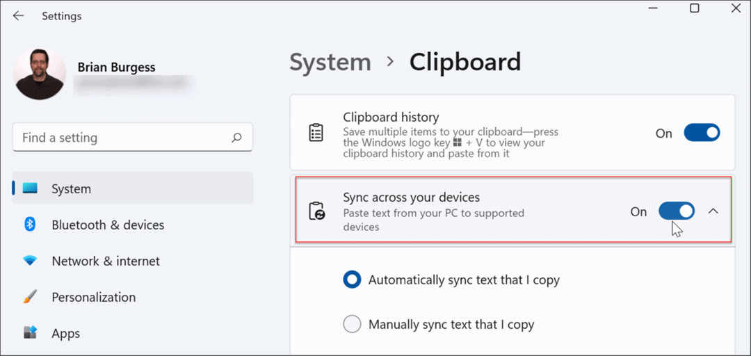 sincronizar o histórico da área de transferência entre dispositivos Windows 11