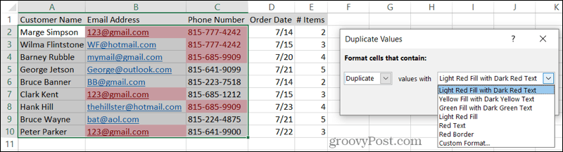 Selecione a formatação para duplicados no Excel