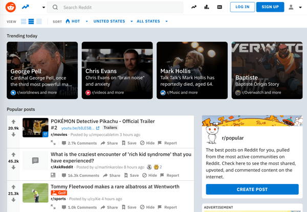 Como divulgar seu negócio no Reddit, exemplo de página inicial do Reddit e feeds de conteúdo de tendência