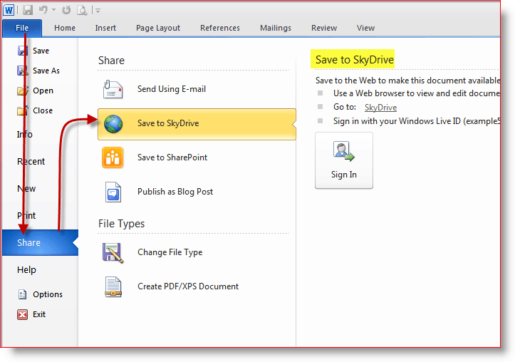 Salvar documentos no armazenamento on-line do SkyDrive