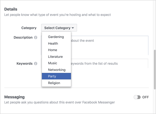 Escolha a categoria que melhor descreve seu evento virtual no Facebook.