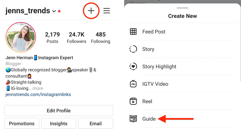 exemplo de perfil do instagram com o ícone + destacado e o menu pop-up de criação exibido com a opção guia destacada
