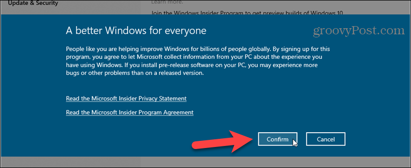 Confirme a inscrição no programa Windows Insider