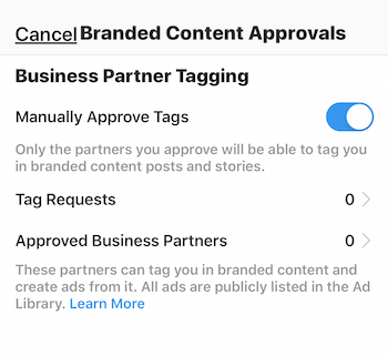 Configurações de aprovação de conteúdo de marca do Instagram para perfil de negócios