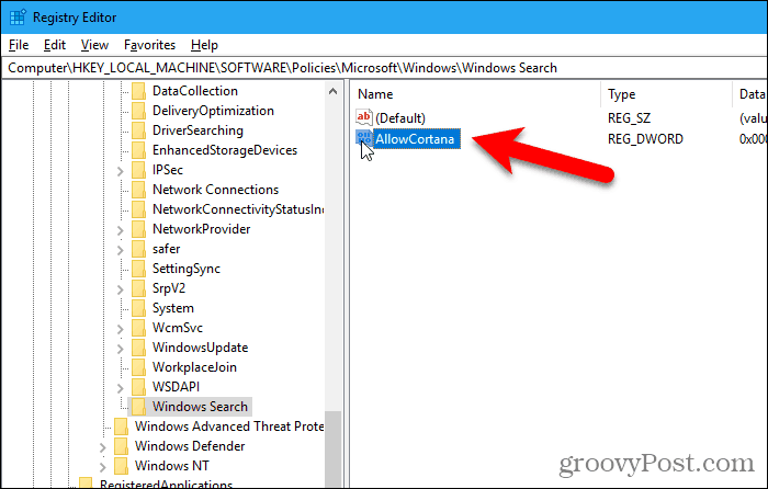 Clique duas vezes no valor AllowCortana no Editor do Registro