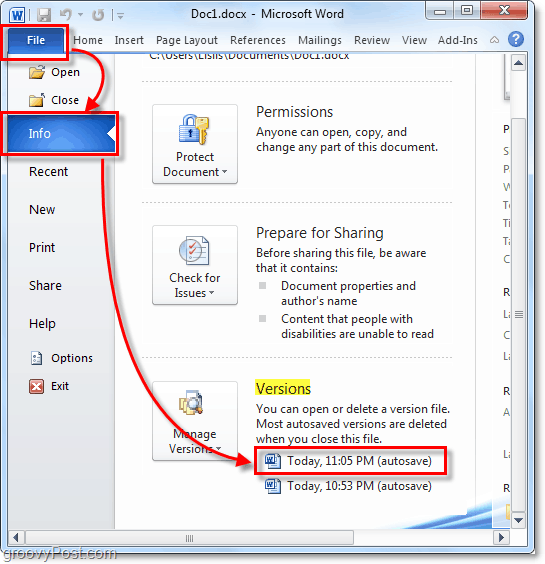 versão salva automaticamente reverter para o Outlook 2010