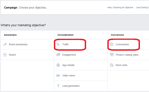 Para criar um anúncio na tela inicial do Facebook Messenger, escolha Tráfego ou Conversões como objetivo.